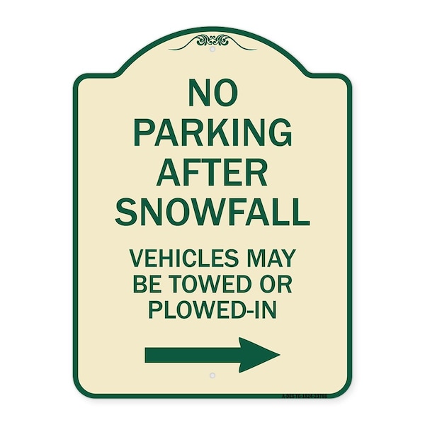 Signmission No Parking After Snowfall Vehicles May Be Towed or Plowed-In with Right Arrow, A-DES-TG-1824-23786 A-DES-TG-1824-23786 - main